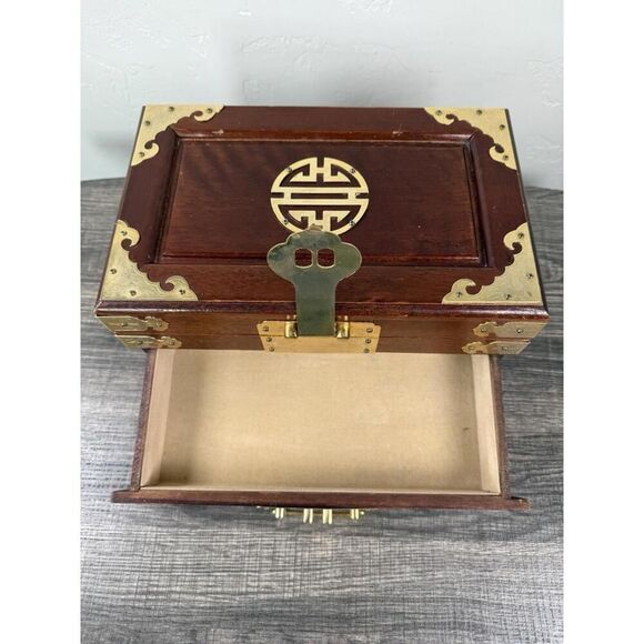 Vintage Asian Brass Inlay Wooden Jewelry Box Chest Organizer 11.5x7x5.5 - Picture 9 of 9